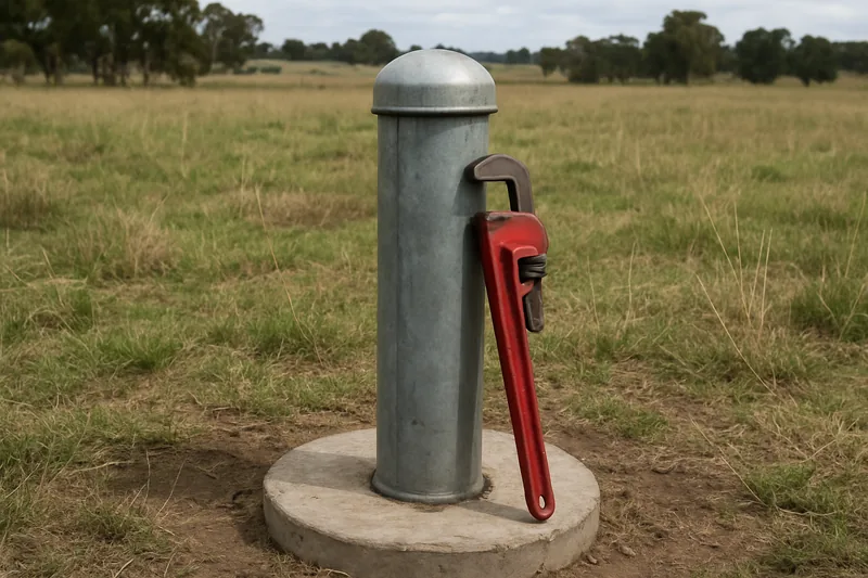 A capped steel bore casing on a concrete collar in a paddock with a pipe wrench leaning against it — bore approval and paperwork, Dubbo. Illustrative example.