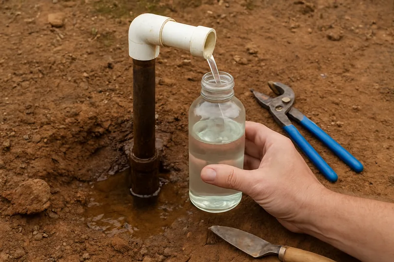 A hand holding a clear sample bottle under a bore outlet — bore water testing, Dubbo. Illustrative example.