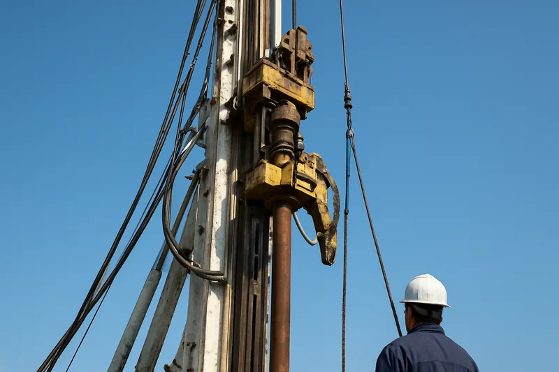 A close view of a drill rig mast and rod handling gear — water bore drilling, Dubbo. Illustrative example.