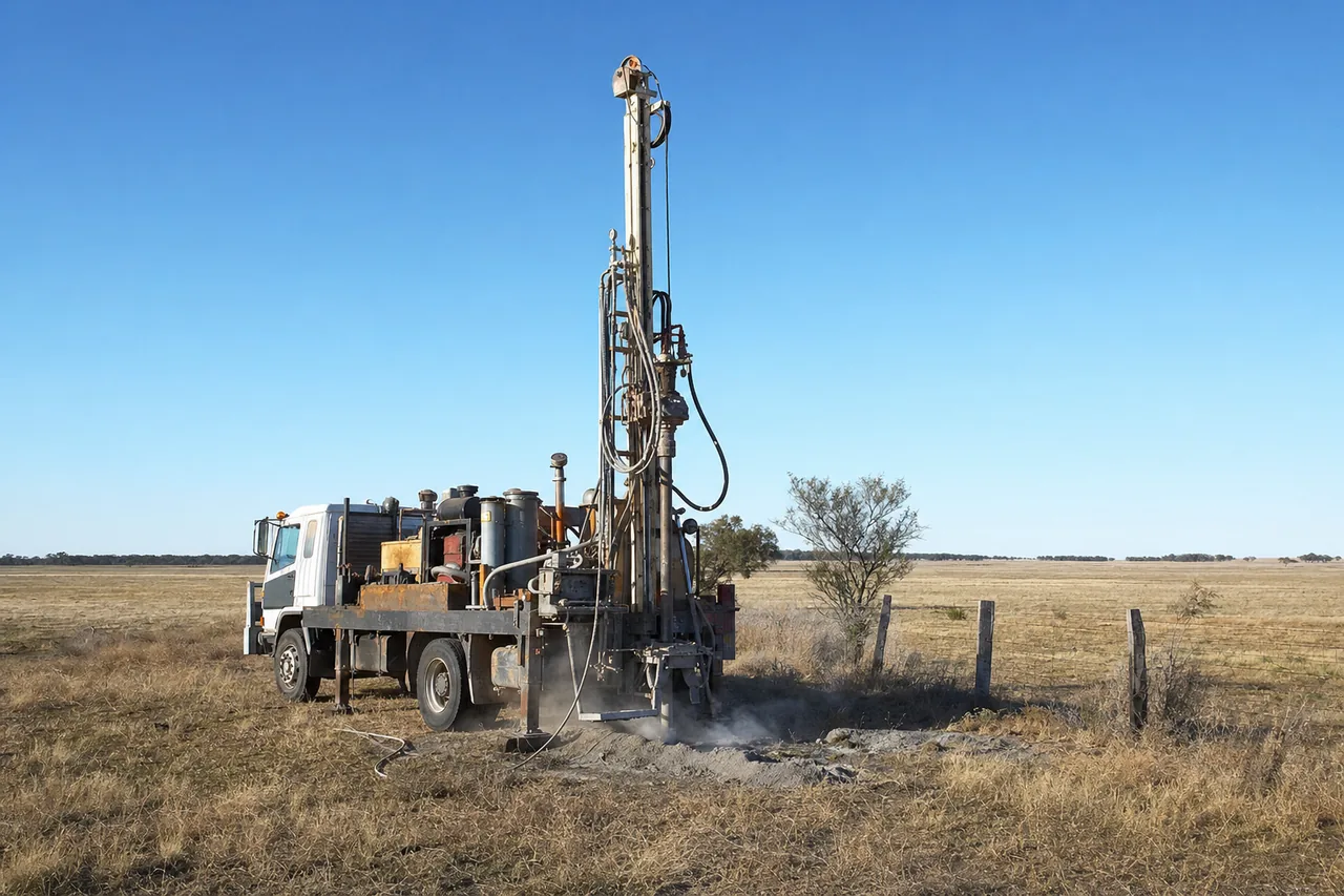 A truck-mounted drilling rig set up beside a fence line on dry grass — water bore drilling, Dubbo. Illustrative example.